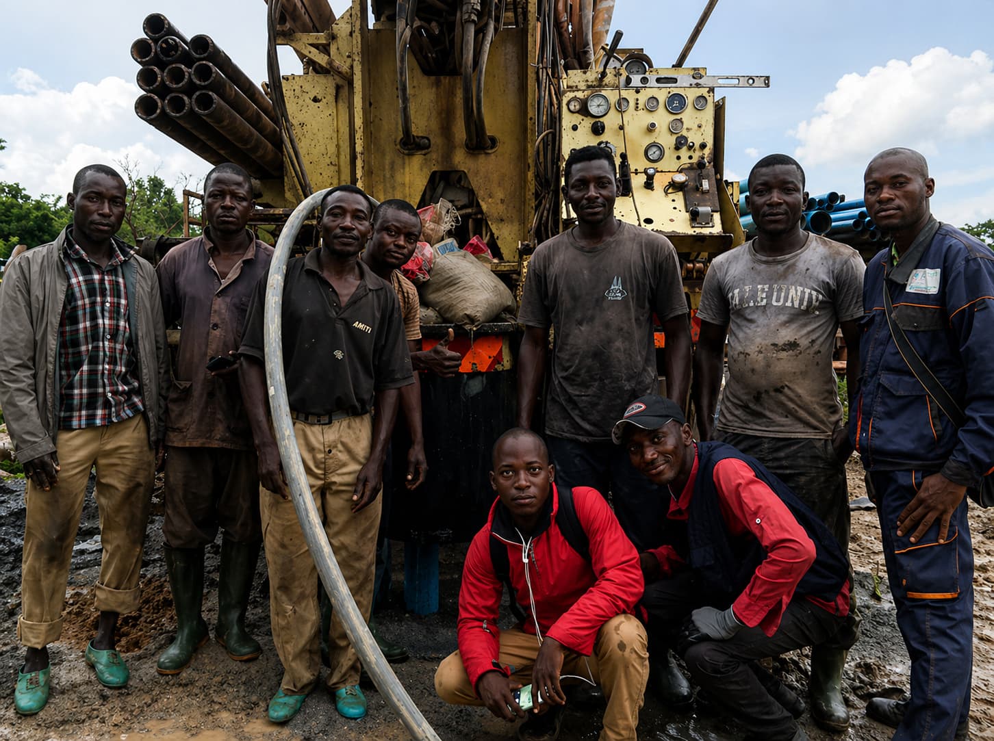 Field team gathered at a borehole drilling site